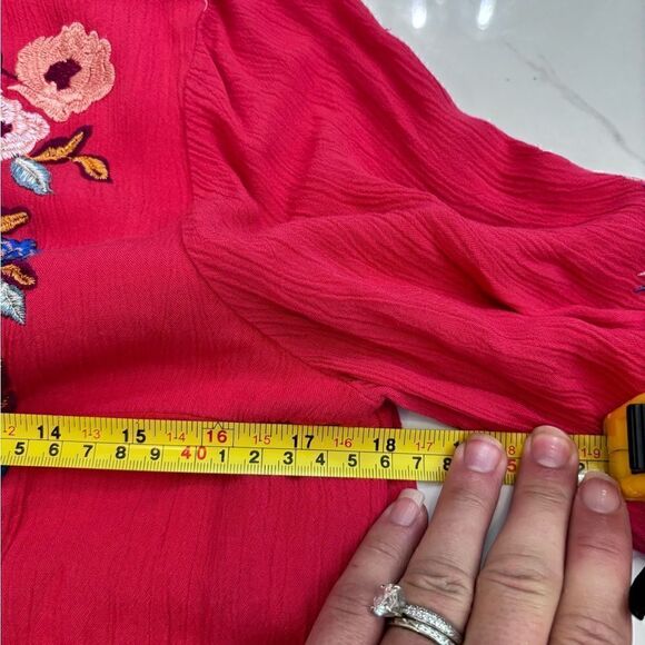 FREE PEOPLE Red Mia Mini Gauze Dress with Blue Floral embroidery Sz S EUC - Picture 12 of 13